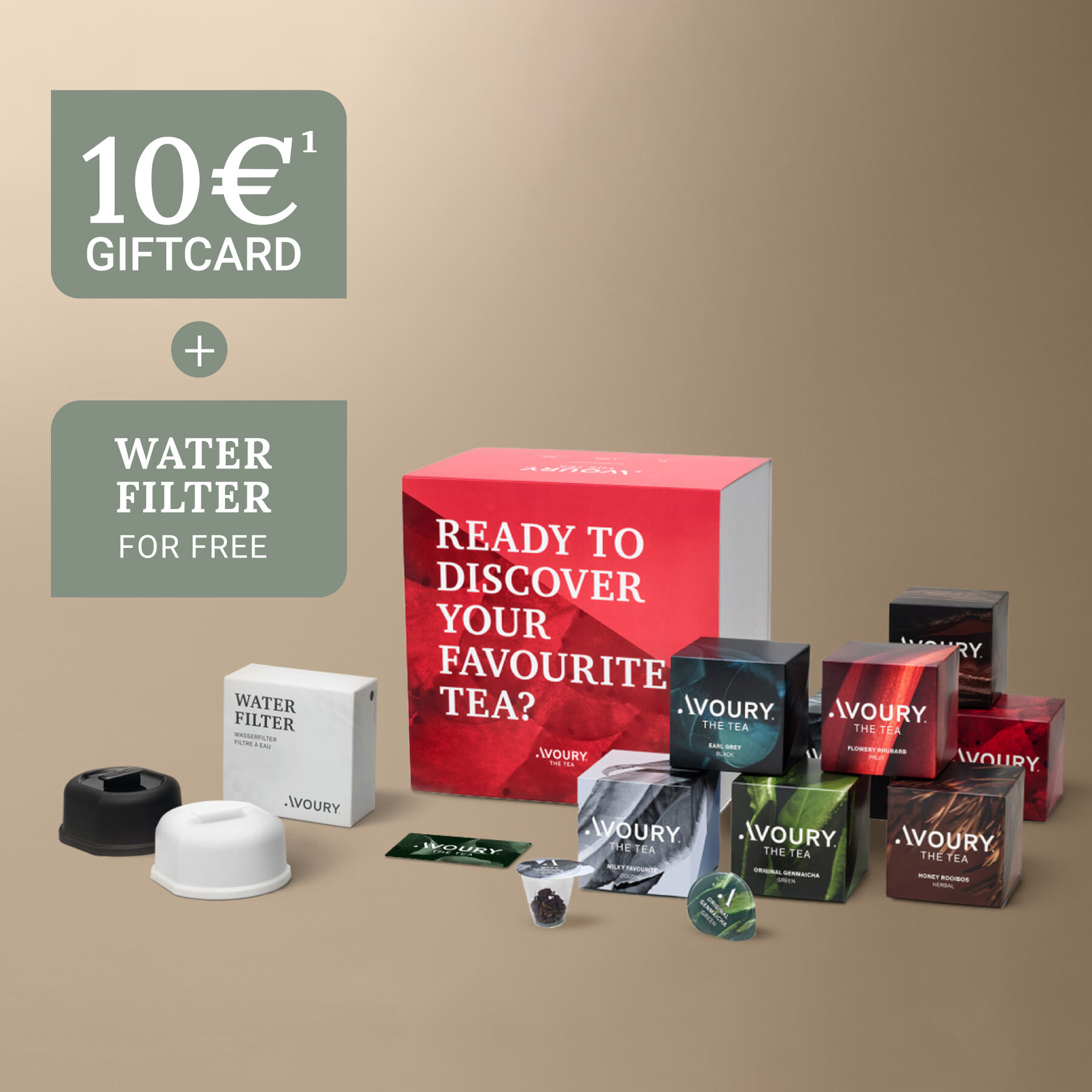 Welcome Offer including tea boxes, gift card and water filters