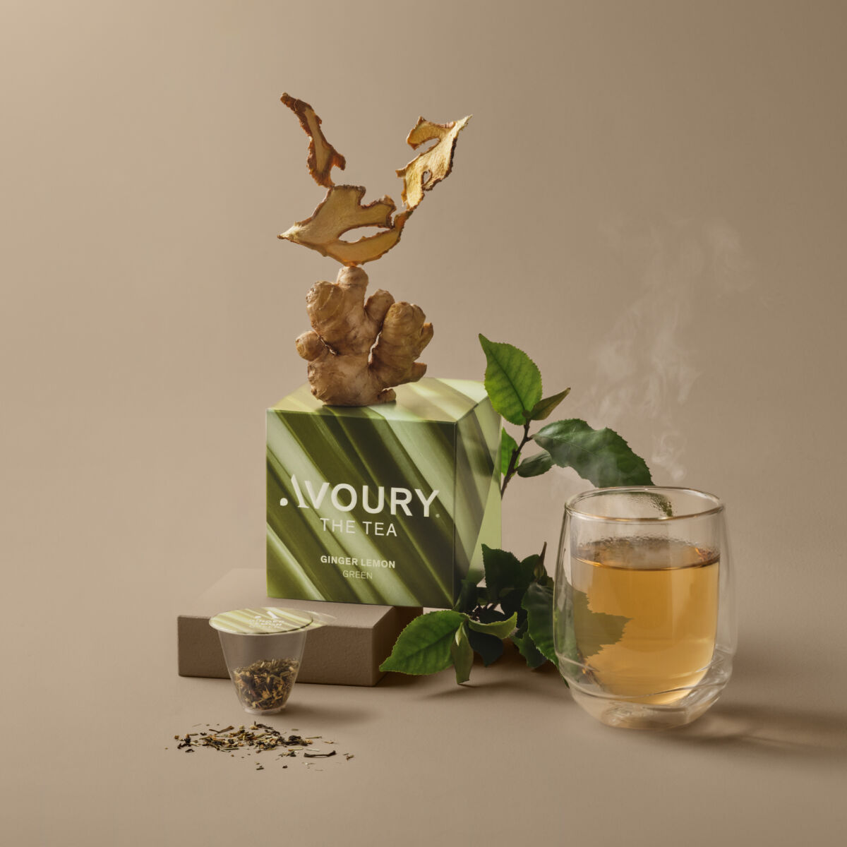avoury tea box with a cup of tea filled with Avoury ginger lemon tea