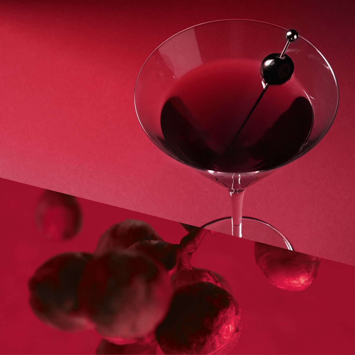 Red Diva recpie served in a martini glass with a cherry on top