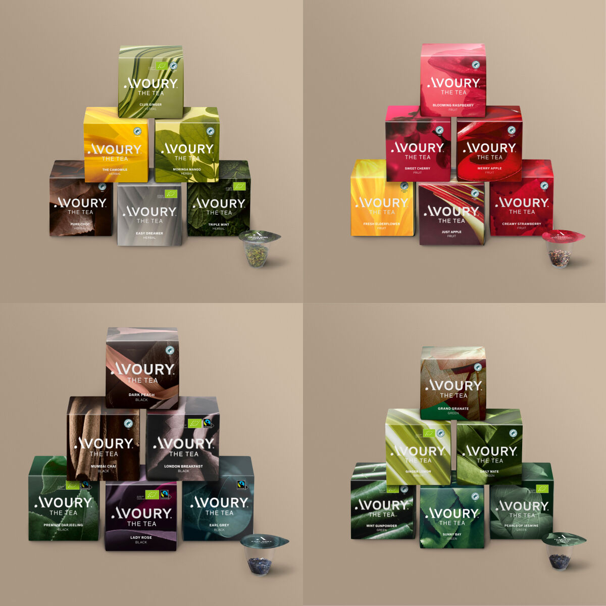 Various tea boxes on greige background. 