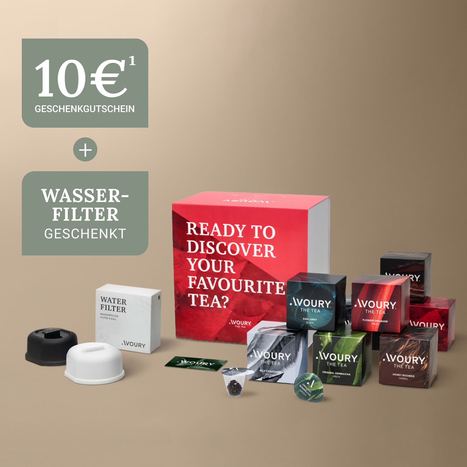 Avoury Willkommenspaket mit Teeboxen, Geschenkgutschein und Wasserfiltern.