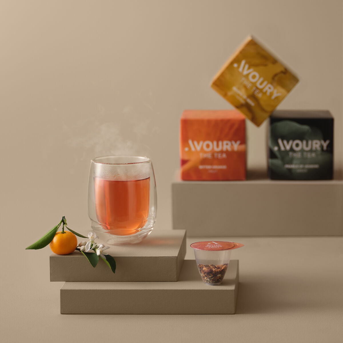 tea glass and Avoury tea boxes