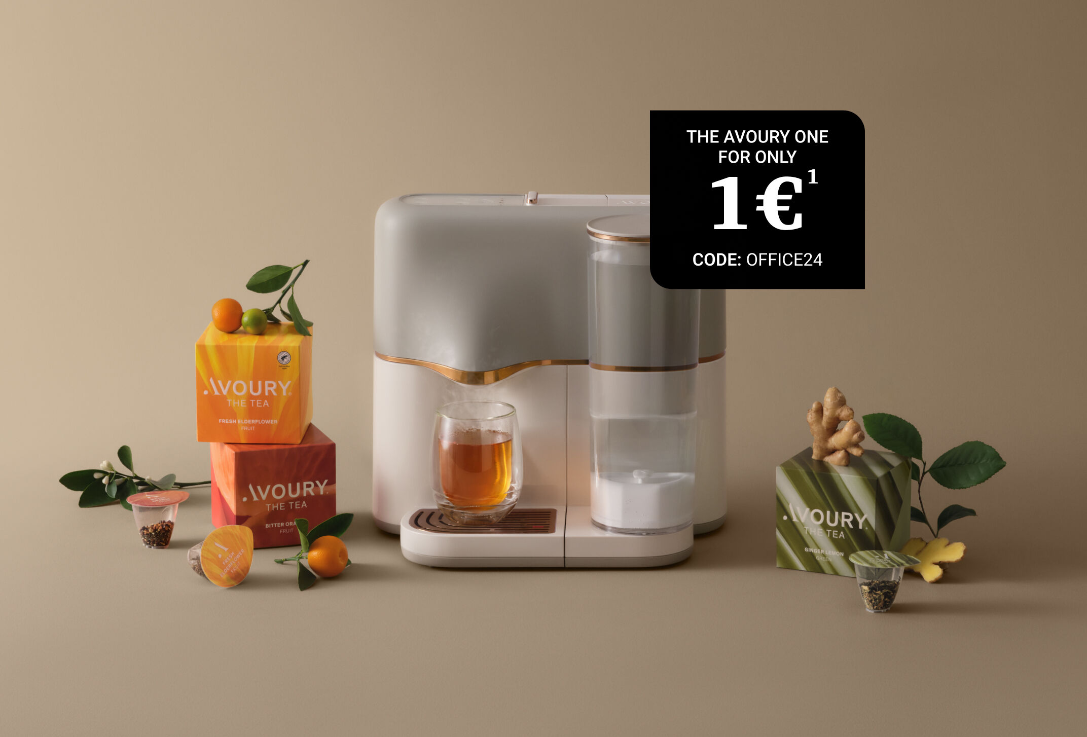 Avoury tea machine with various tea boxes and fruits. 