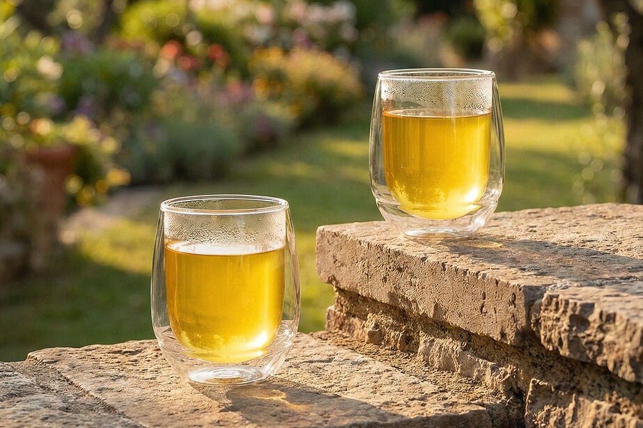 Glas Italian Lemon Tee mit frischen Zitronen und Basilikum