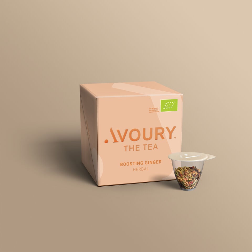 Avoury Boosting Ginger Tee Verpackung mit Teekapsel